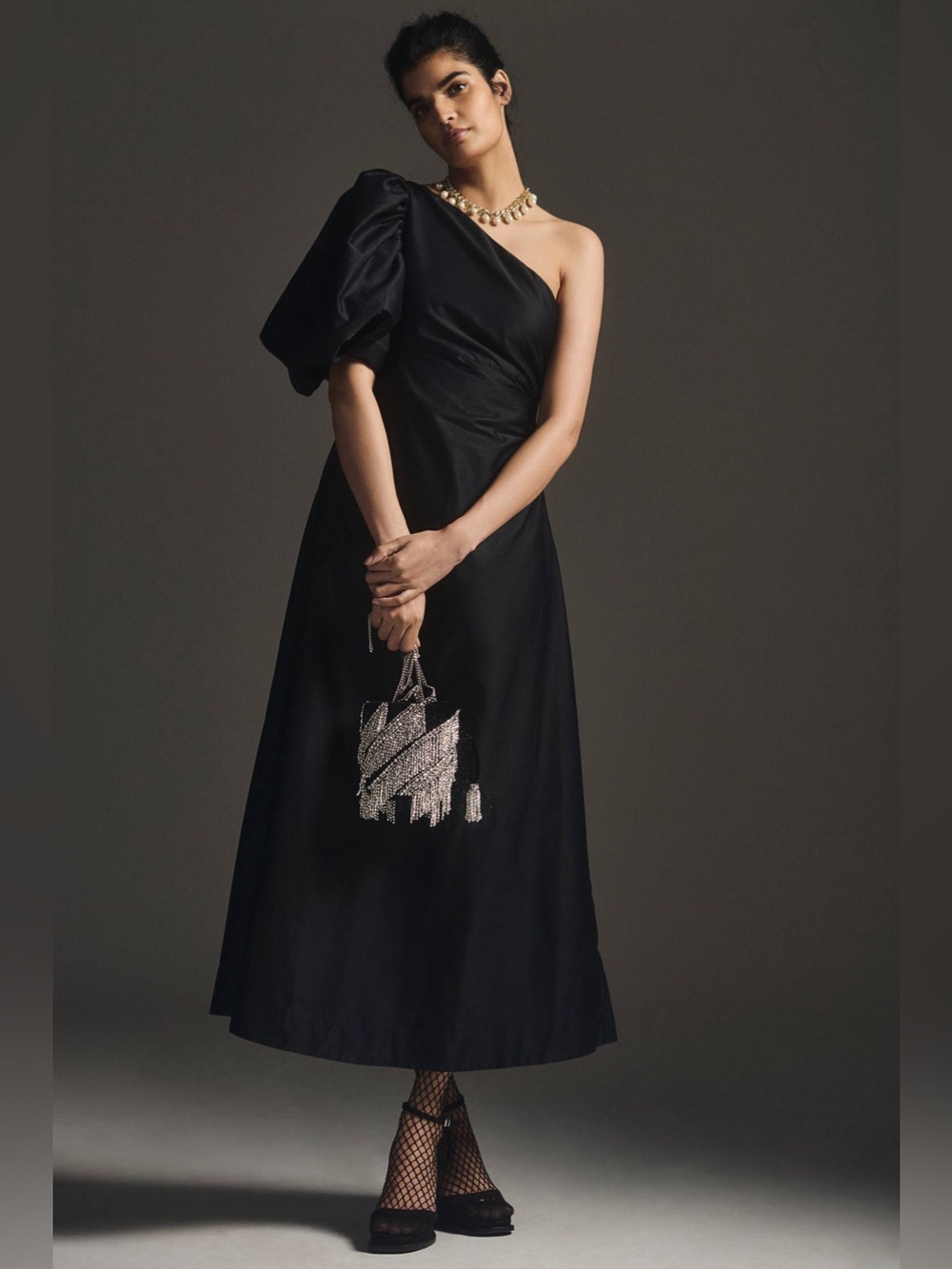 One-Shoulder Black Midi Dress with Statement Puff Sleeve
